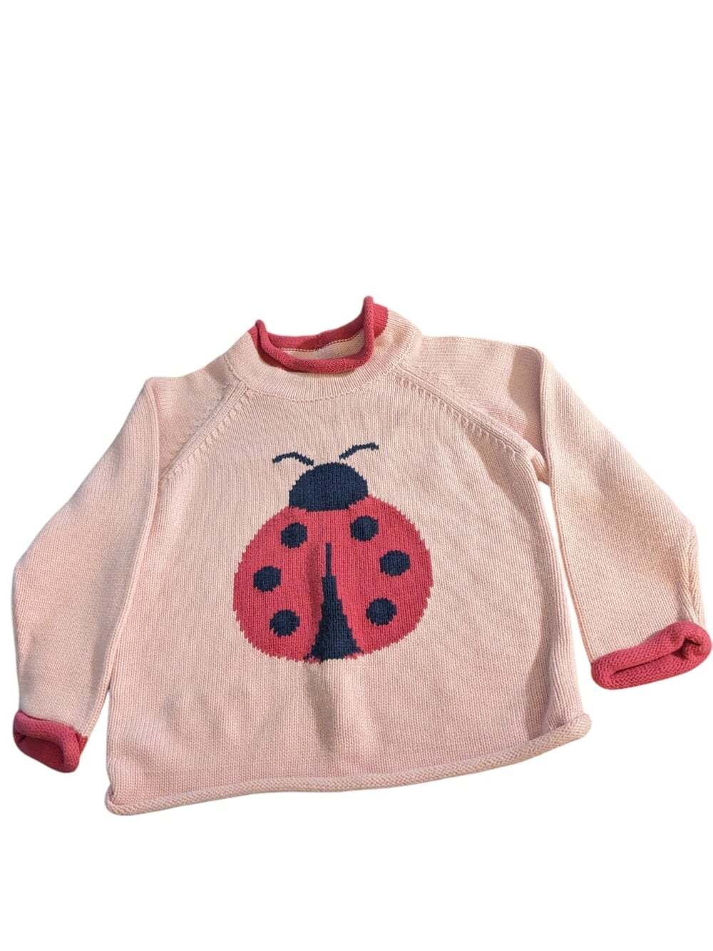 LL Bean Toddler Girls Pink Ladybug Knit Sweater Rolled Neck Cuffs 3T Cotton